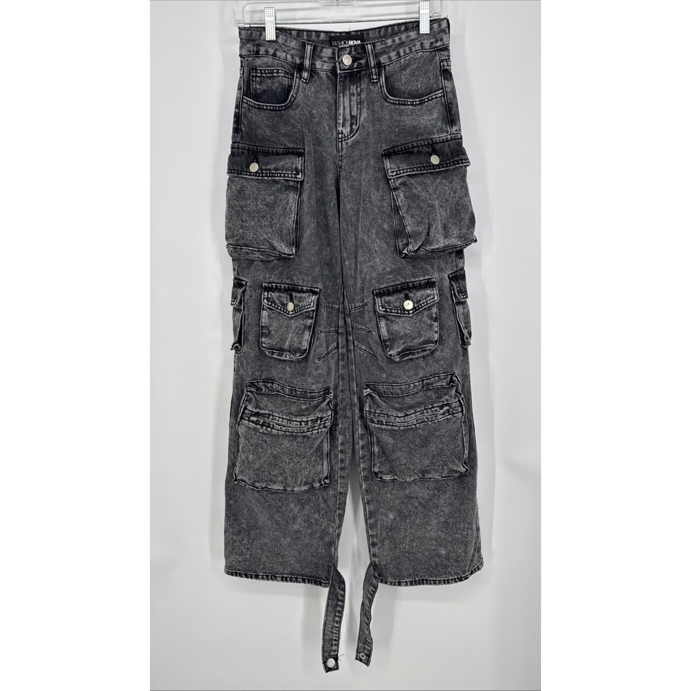 Fashion Nova Cargo Acid Wash Black Charcoal Wash Mid Rise Size 3